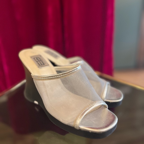 Shoes - Vintage 1990’s Silver Mesh Wedge Sandals